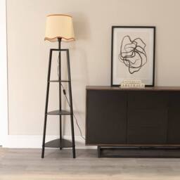 ValueLights Hiru Black 3 Tier Wood Shelf Floor Lamp with Trim Linen Scallop Shade in Burnt Orange