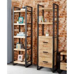 Indian Hub Cosmo Industrial Slim Open Bookcase - Solid Mango Wood L40xW55xH200 cm in Brown - thumbnail 2