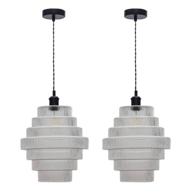 First Choice Lighting Set of 2 Benson - 7 Tier Glass & Black Ceiling Pendant Lights in Clear - image 1