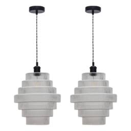 First Choice Lighting Set of 2 Benson - 7 Tier Glass & Black Ceiling Pendant Lights in Clear - thumbnail 1
