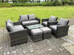 Fimous 8 Seater Dark Grey Mixed High Back Rattan Sofa Set Coffee Table Garden Furniture Outdoor Patio 2 Stools - thumbnail 3