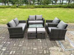Fimous 8 Seater Dark Grey Mixed High Back Rattan Sofa Set Coffee Table Garden Furniture Outdoor Patio 2 Stools - thumbnail 1
