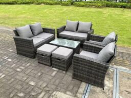 Fimous 8 Seater Dark Grey Mixed High Back Rattan Sofa Set Coffee Table Garden Furniture Outdoor Patio 2 Stools - thumbnail 2