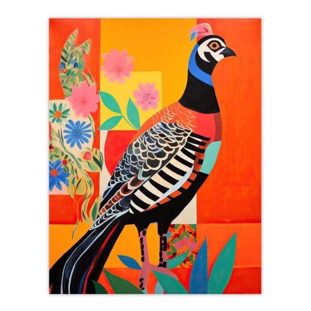 "Wee Blue Coo Wall Art Print Party Pheasant Oil Painting Orange Blue Green Folk Art Vibrant Poster - Size: W24"" x H32""" - image 1