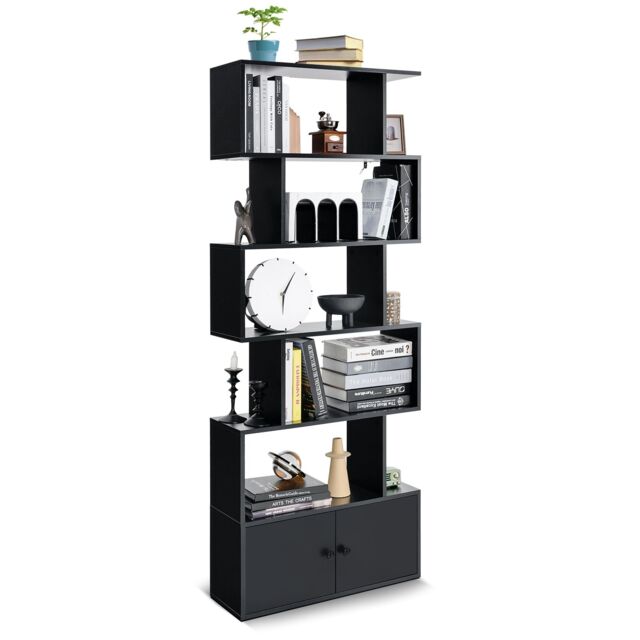 Costway 5-tier S-Shaped Bookcase Industrial Display Rack with Cabinet Wooden Bookshelf in Black - image 1