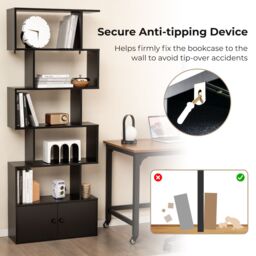 Costway 5-tier S-Shaped Bookcase Industrial Display Rack with Cabinet Wooden Bookshelf in Black - thumbnail 5