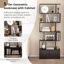 Costway 5-tier S-Shaped Bookcase Industrial Display Rack with Cabinet Wooden Bookshelf in Black - thumbnail 4