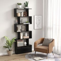 Costway 5-tier S-Shaped Bookcase Industrial Display Rack with Cabinet Wooden Bookshelf in Black - thumbnail 3