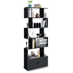 Costway 5-tier S-Shaped Bookcase Industrial Display Rack with Cabinet Wooden Bookshelf in Black - thumbnail 1