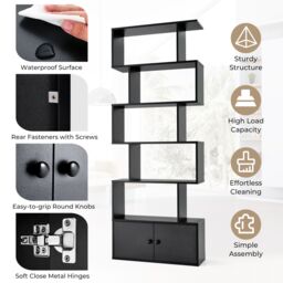 Costway 5-tier S-Shaped Bookcase Industrial Display Rack with Cabinet Wooden Bookshelf in Black - thumbnail 6