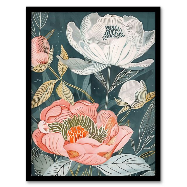 "Artery8 Red White Peonies in Bloom Artwork Wildflowers Framed Art Print in Blue - Size: W12"" x H16""" - image 1