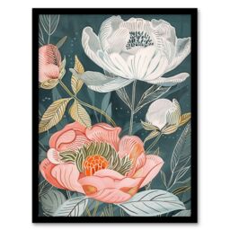 "Artery8 Red White Peonies in Bloom Artwork Wildflowers Framed Art Print in Blue - Size: W12"" x H16""" - thumbnail 1