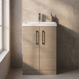 Balterley Bathroom Vanity Basin Unit, Black Handles, 600mm, Mid Oak in Brown - thumbnail 4