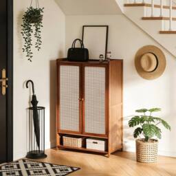 FORGEVIO 7 Tier Shoe Cabinet Storage with 2 Doors Freestanding Shoe Rack in Brown - thumbnail 1