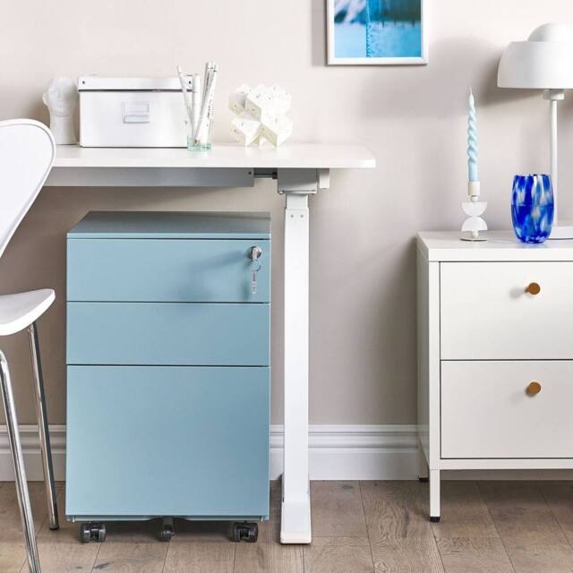 Wyld and Coco Light Blue Steel 3-Drawer Lockable Storage with Castors - image 1