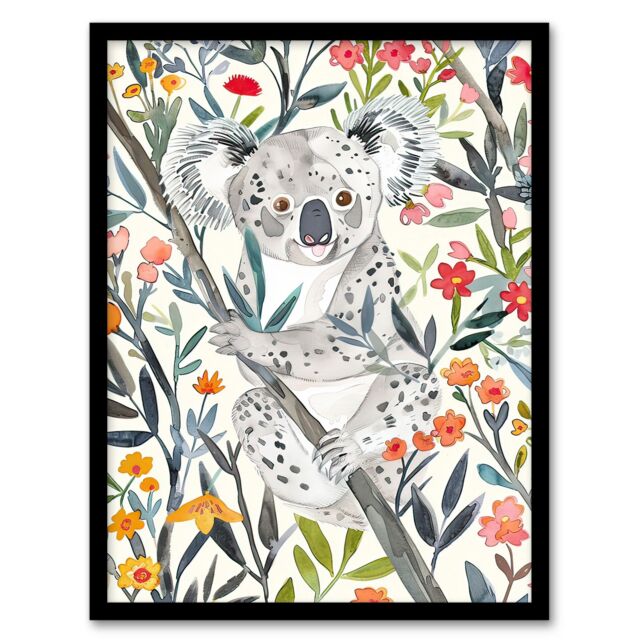 "Artery8 Happy Koala Bear on Blooming Tree Watercolour Framed Wall Art - Size: W12"" x H16""" - image 1