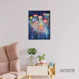 "Artery8 Colourful Watercolour Jellyfish Canvas Wall Art Print - Size: W18"" x H24""" - thumbnail 3