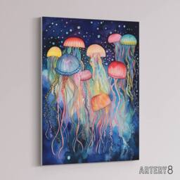 "Artery8 Colourful Watercolour Jellyfish Canvas Wall Art Print - Size: W18"" x H24""" - thumbnail 2