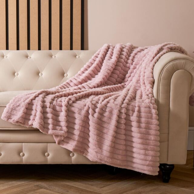 OHS Faux Fur Ribbed Fleece Throw Blanket Winter Warm Supersoft in Pink - image 1