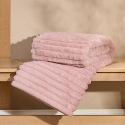 OHS Faux Fur Ribbed Fleece Throw Blanket Winter Warm Supersoft in Pink - thumbnail 3