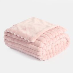 OHS Faux Fur Ribbed Fleece Throw Blanket Winter Warm Supersoft in Pink - thumbnail 4