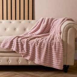 OHS Faux Fur Ribbed Fleece Throw Blanket Winter Warm Supersoft in Pink - thumbnail 1