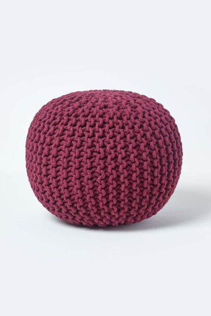 Homescapes Round Cotton Knitted Pouffe Footstool in Plum - image 1