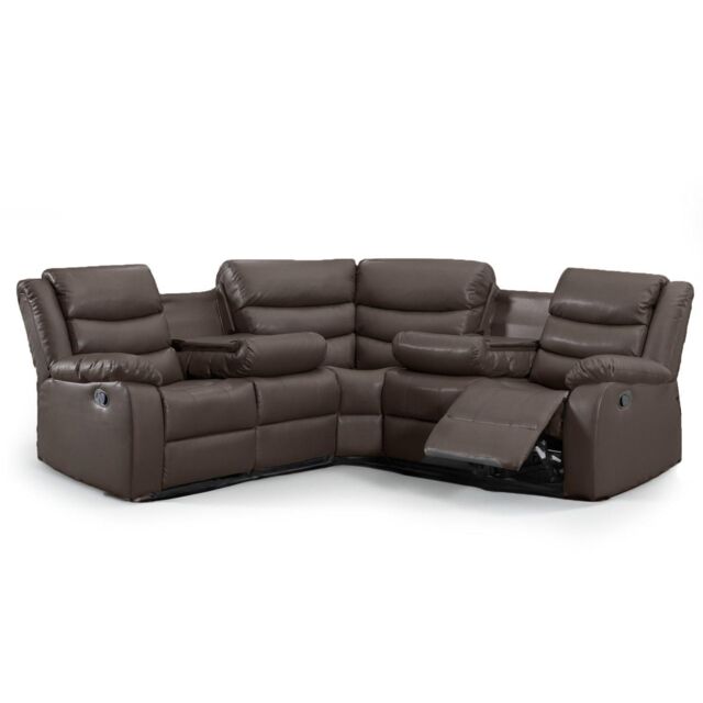 Furnishings For Less UK Minnesota Leather Reclining Corner Sofa 5 Seater Manual Recliner Comfortable Padded Arms With Drinks Tray in Brown - image 1
