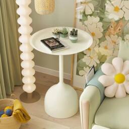 FLAVORA Cream-Round Coffee Table Metal Iron Side Desk in Cream - Size: 0.6m2 - thumbnail 3