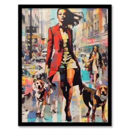 Artery8 Wall Art Print Autumn City Fashion Advert Acrylic Painting Woman w/ Dogs In Busy Street Vibrant Colourful Bold Pop Art Modern Painting - thumbnail 1