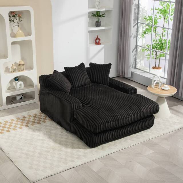 Direct Wicker Oversized Upholstered Soft Chaise Lounge Sofa with 2 Throw Pillows in Black - Size: 1 Pack - image 1