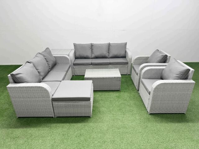 Fimous PE Rattan High Back Lounge Sofa Set Patio Coffee Table & Chairs Set with 3 Seater Sofa Reclining Chair Big Footstool Side Table Light Grey - image 1