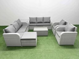 Fimous PE Rattan High Back Lounge Sofa Set Patio Coffee Table & Chairs Set with 3 Seater Sofa Reclining Chair Big Footstool Side Table Light Grey - thumbnail 2