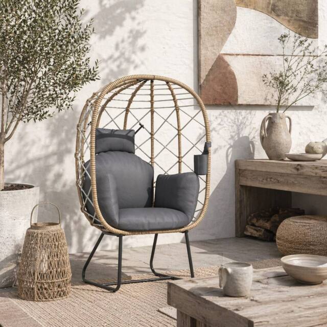 Wyld Haus Nepa Freestanding Rattan Egg Chair Brown Grey Cushions & Cup Holder - image 1
