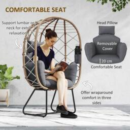 Wyld Haus Nepa Freestanding Rattan Egg Chair Brown Grey Cushions & Cup Holder - thumbnail 4