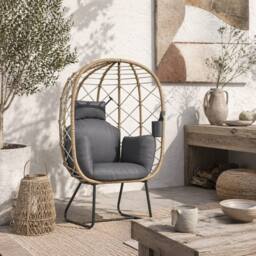 Wyld Haus Nepa Freestanding Rattan Egg Chair Brown Grey Cushions & Cup Holder - thumbnail 1