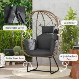 Wyld Haus Nepa Freestanding Rattan Egg Chair Brown Grey Cushions & Cup Holder - thumbnail 7