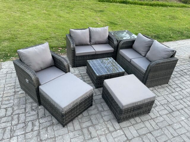 Fimous PE Rattan Garden Furniture Sets Outdoor Love Sofa Chair Set Square Coffee Table Side Table 2 Big Footstool in Dark Grey - image 1