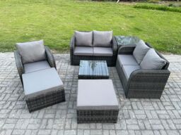 Fimous PE Rattan Garden Furniture Sets Outdoor Love Sofa Chair Set Square Coffee Table Side Table 2 Big Footstool in Dark Grey - thumbnail 2