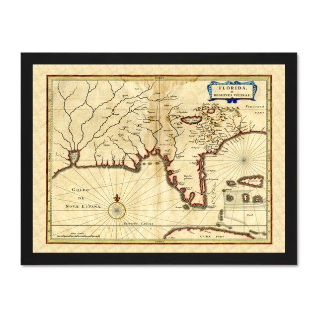 "Artery8 Wall Art Print Florida Old Antique Map Large Light Oak Large Framed Wall Décor Art in White - Size: W18"" x H24""" - image 1
