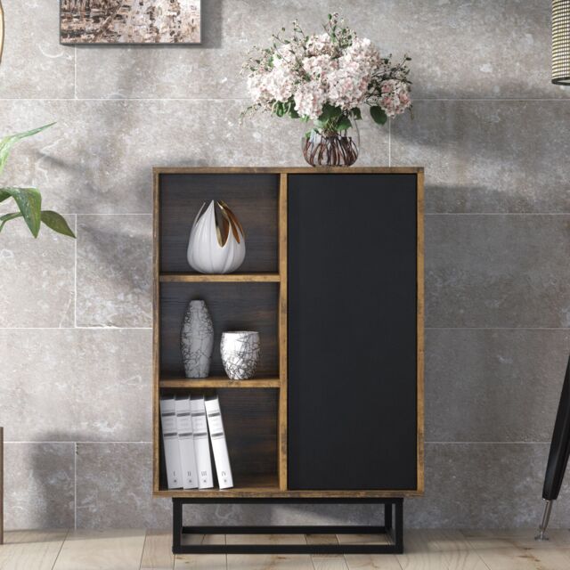 Creative Furniture Elysian Loft Sideboard 100cm - Industrial-Style Sideboard with Rustic, Oak & Black Matt Doors in Dark Brown - image 1