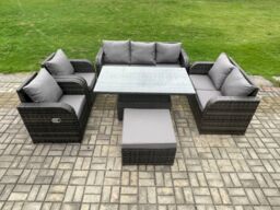 Fimous Rattan Outdoor Garden Furniture Sets Height Adjustable Rising lifting Dining Table Reclining Chair Dark Grey Mixed - thumbnail 2