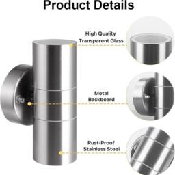ATEK 2 Pack Silver Stainless Steel Double Wall Light IP65 Up Down Outdoor Wall Light Outdoor Wall Lights Mains Powered Waterproof - thumbnail 4