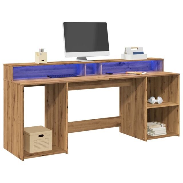 Berkfield Home Desk with LED Lights Artisian Oak 200x55x91 cm Engineered Wood in Brown - Size: 200 x 55 x 91 cm - image 1