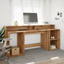 Berkfield Home Desk with LED Lights Artisian Oak 200x55x91 cm Engineered Wood in Brown - Size: 200 x 55 x 91 cm - thumbnail 4
