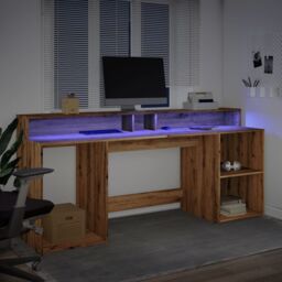 Berkfield Home Desk with LED Lights Artisian Oak 200x55x91 cm Engineered Wood in Brown - Size: 200 x 55 x 91 cm - thumbnail 5
