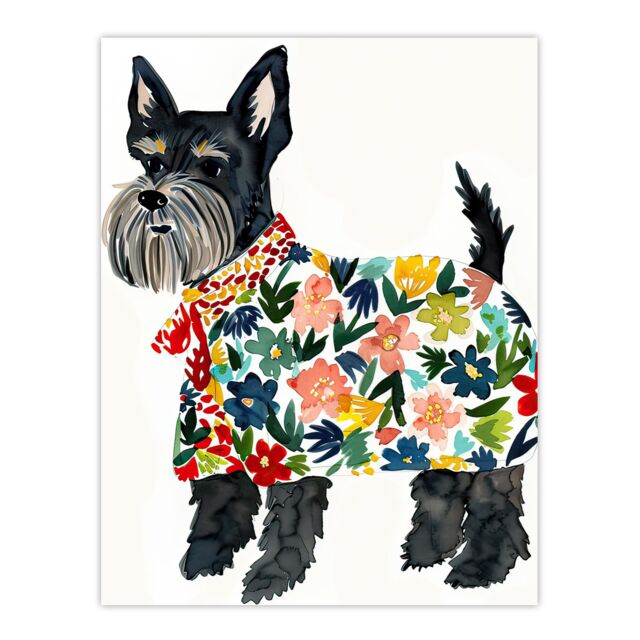 "Artery8 Scottish Terrier With Floral Raincoat Watercolour Wall Art Print - Size: W24"" x H32""" - image 1