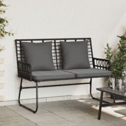 Berkfield Home Garden Bench with Pillow Poly rattan, steel in Black - thumbnail 1