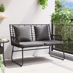Berkfield Home Garden Bench with Pillow Poly rattan, steel in Black - thumbnail 3