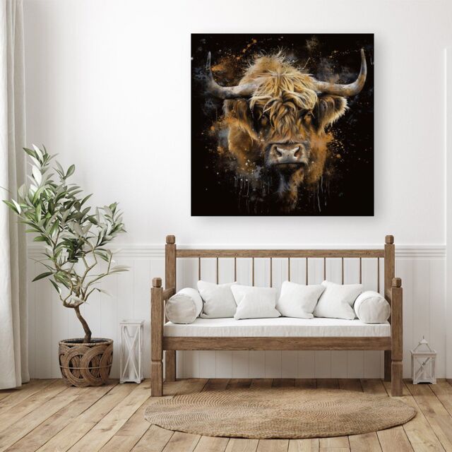 "Warren Reed - Designer Bronze Splashart Highland Cow Canvas - Size: W30"" x H30""" - image 1